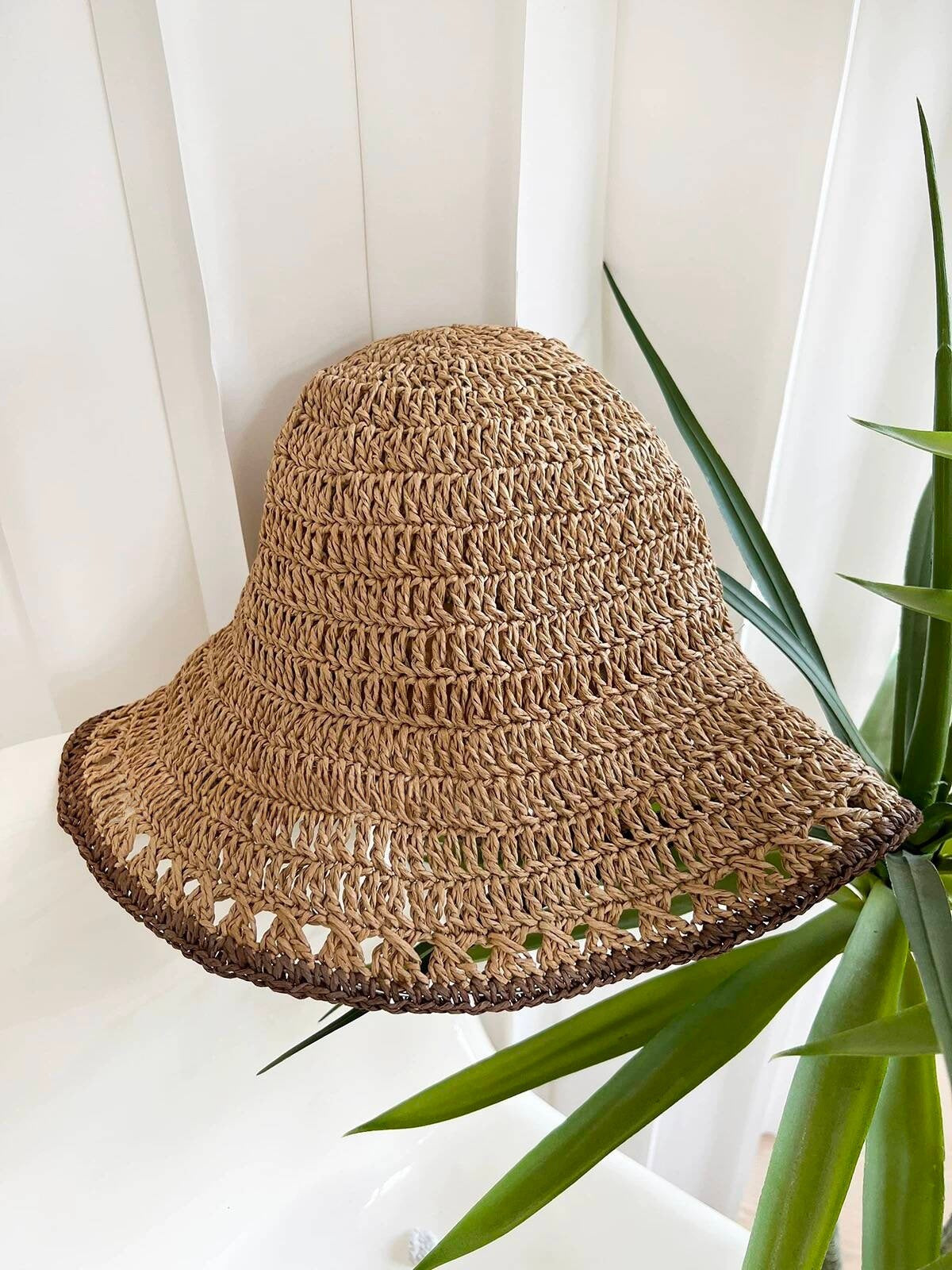 Summer Beach Wide Brim Straw Bucket Hat 8BK6HAT16