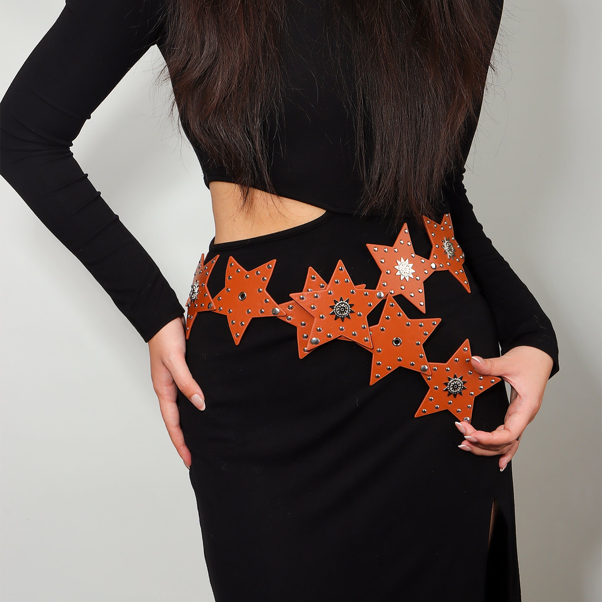 Vintage Studded Rivet Star Wide Leather Belt 6W6JBT133