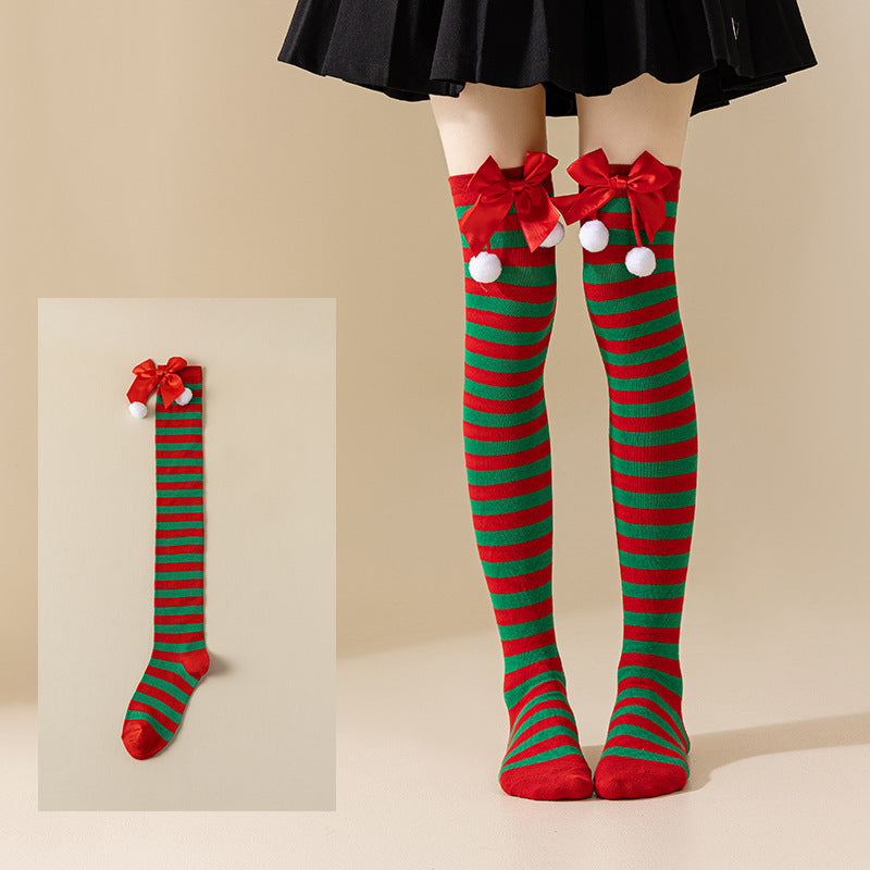 Christmas Bow Pom Pom Thigh High Socks 6W8FSO914