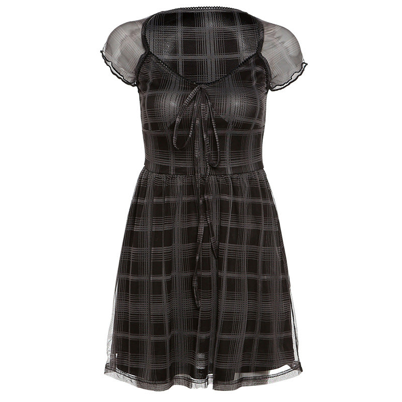 Trendy Square Neck Slim Plaid Mini Dress DP25F556