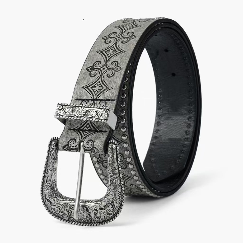 Fashion Floral Embossed Studded Leather Belt MK2LEEP6W6JBT37