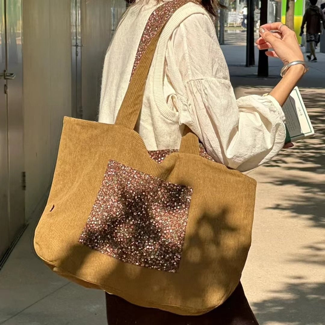 Simple Corduroy Floral Print Reversible Tote Bag 6W10BBG1996