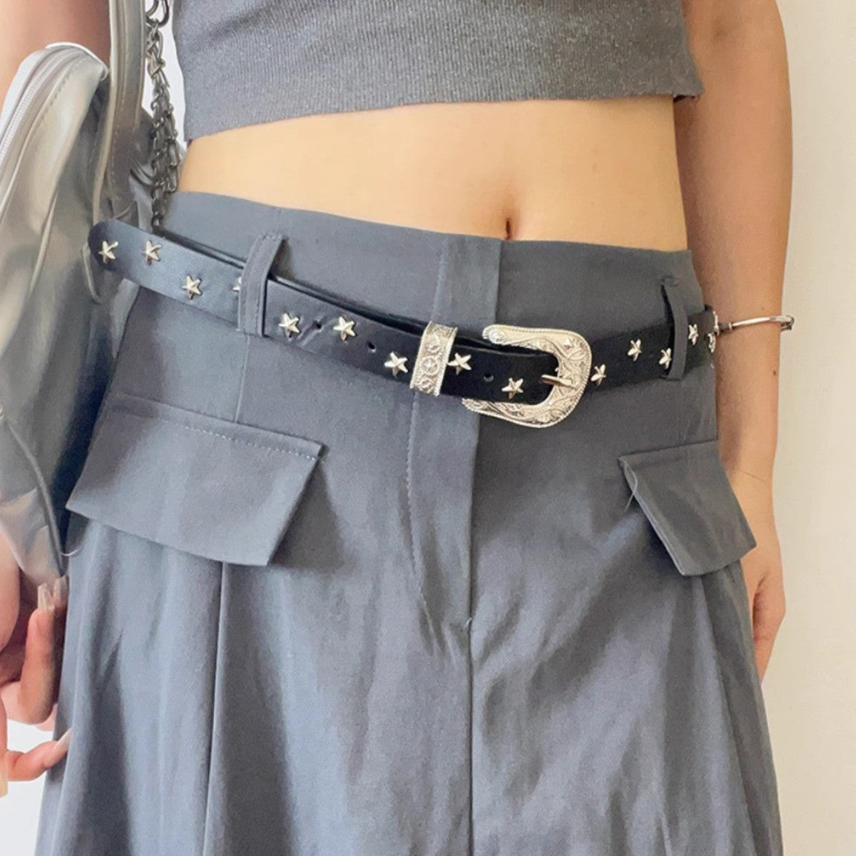 Vintage Chunky Buckle Star Leather Waist Belt 6W6JBT144