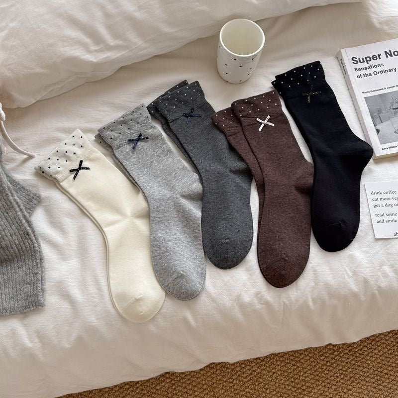 Simple Polka Dots Bow Knot Crew Socks 6W8FSO739