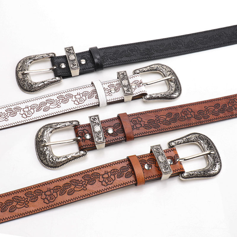 Vintage Embossed Flower Buckle Leather Belt MK2LEEP6W6JBT40
