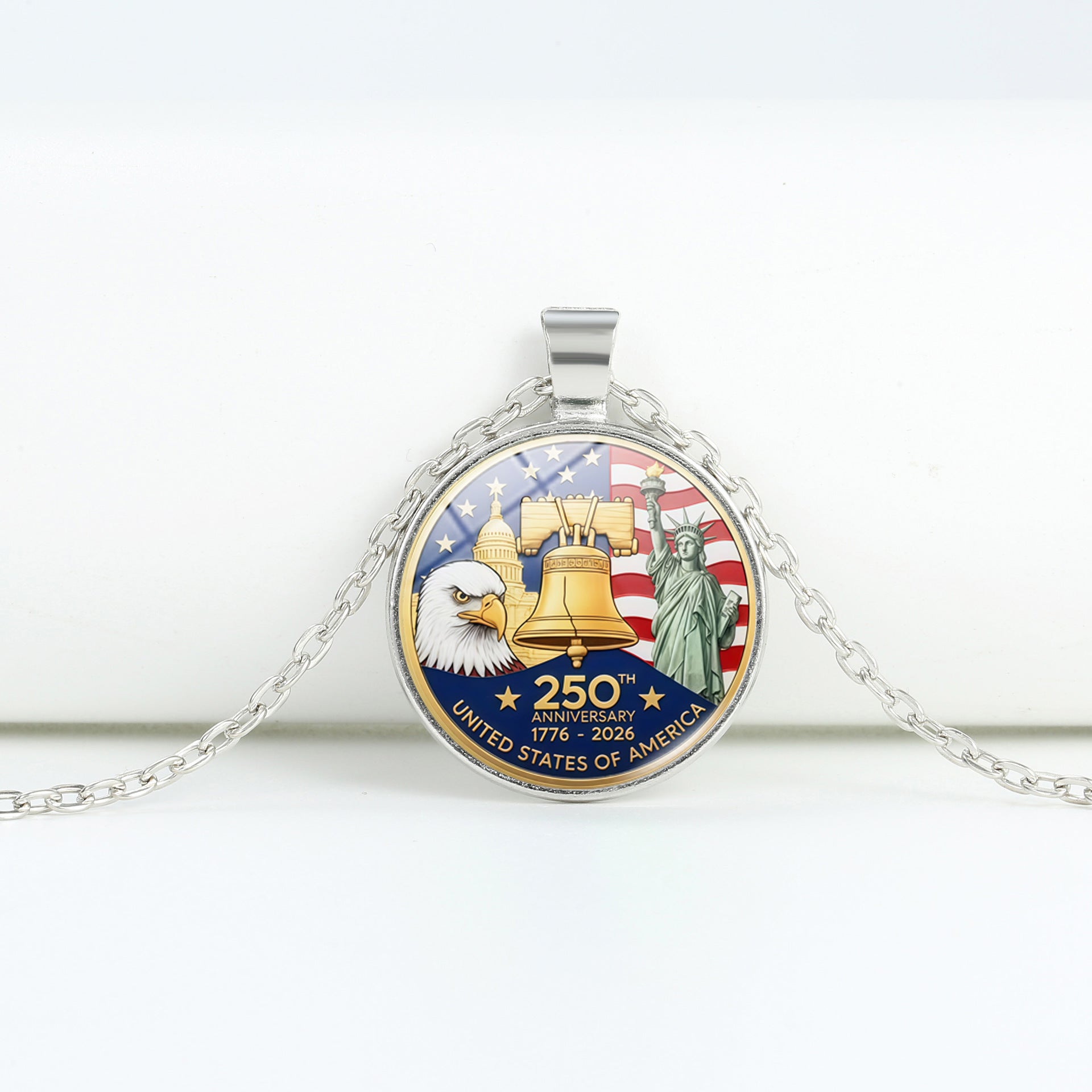 Retro USA Flag Pattern Round Pendant Chain Necklace 8ZA6JNC278T