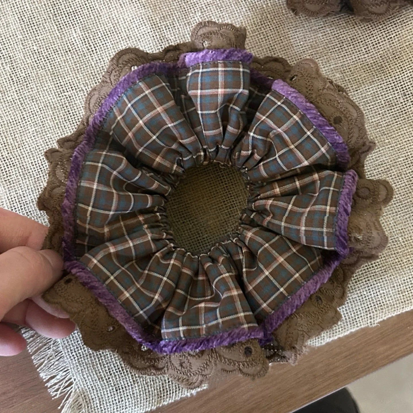 Purple Brown Plaid Lace Hair Scrunchie MK2BLW6W6HSR15