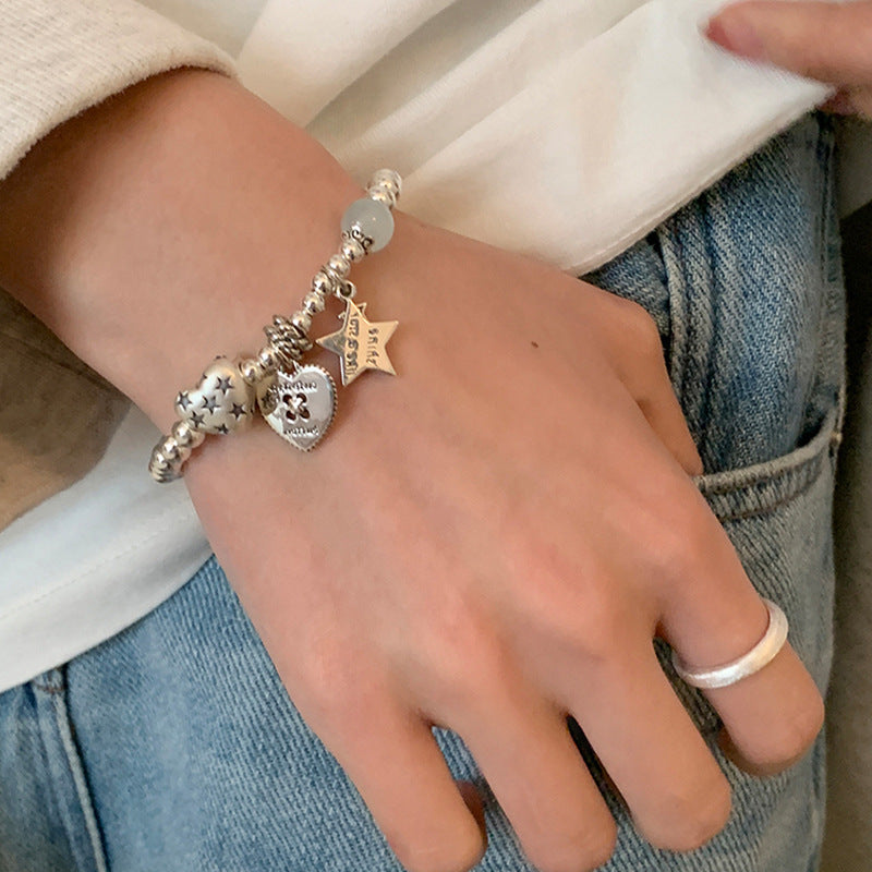 Stylish Heart Star Charm Beaded Chain Bracelet 6W6JBR338