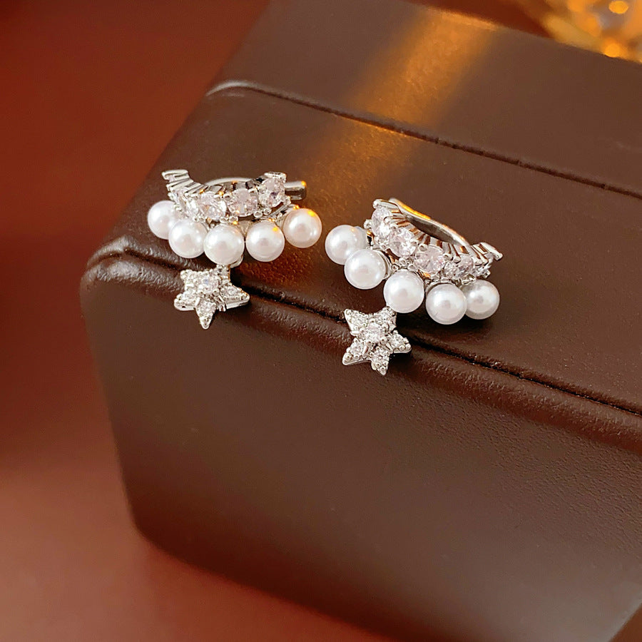 Luxury Layered Zircon Pearl Star Huggie Earrings 6W6JER767