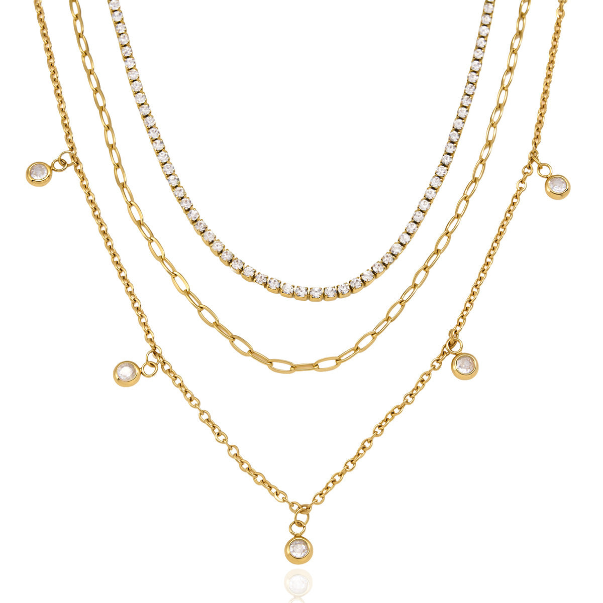 Gold Plated Rhinestone Layered Necklace - DippedShop Wholesale - #8099