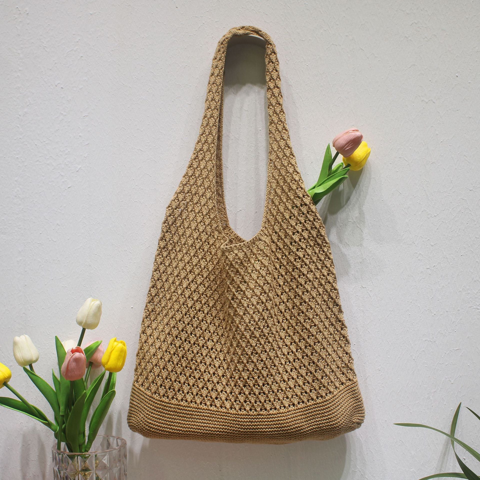 Hollow Out Solid Color Knit Ttote Bag 6W10BBG1783