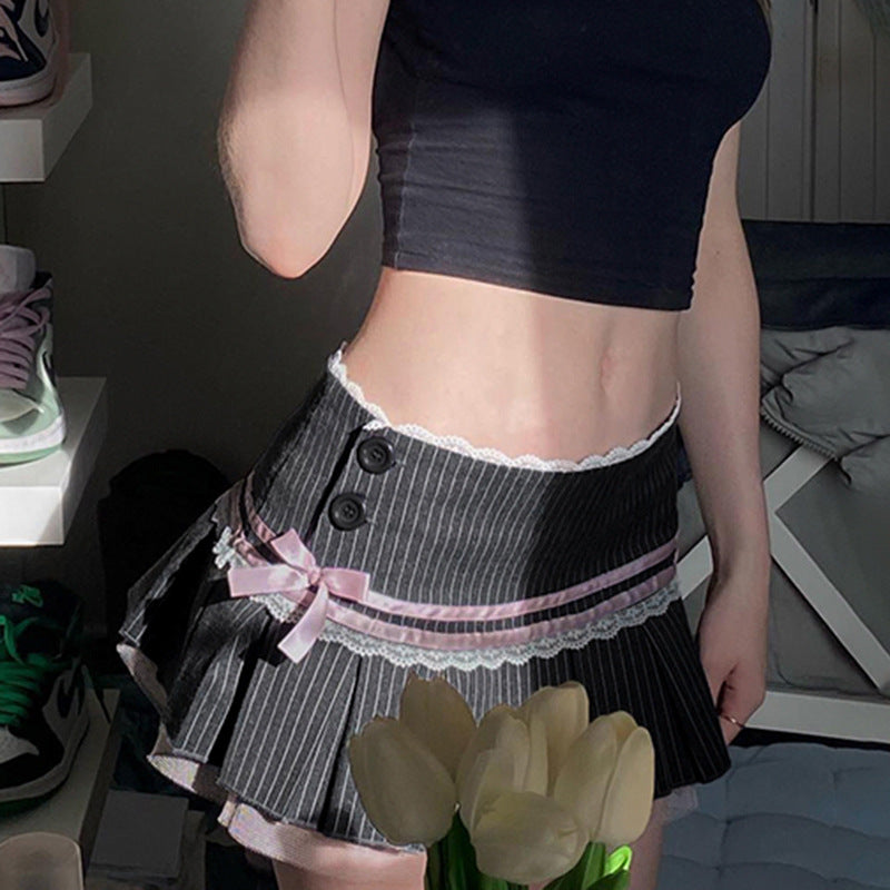 Striped Bow Lace Pleated Mini Skirt DP25F427