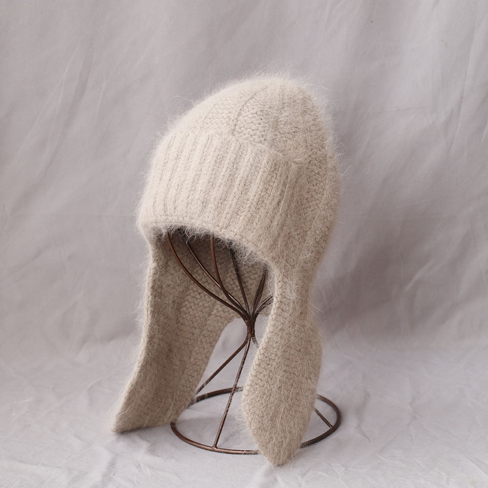 Fuzzy Angora Rabbit Fur Earflap Knit Beanie 6W6HAT691