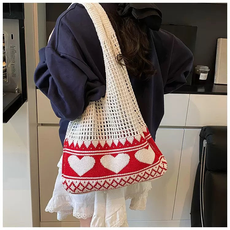 Casual Heart Knitted Hollow Out Shoulder Bag 6W10BBG1794