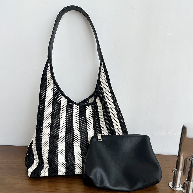 Simple Striped Color Block Mesh Shoulder Bag 6W10BBG2382