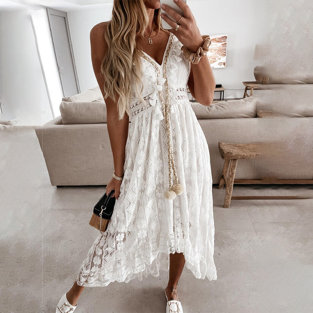 V-Neck Lace Irregular Long Dress DP25A521