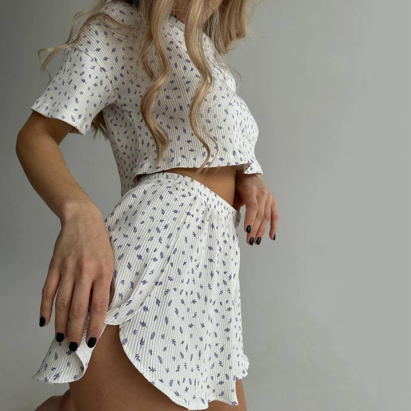Floral Round Neck Top Shorts Loungewear Set DP25F483