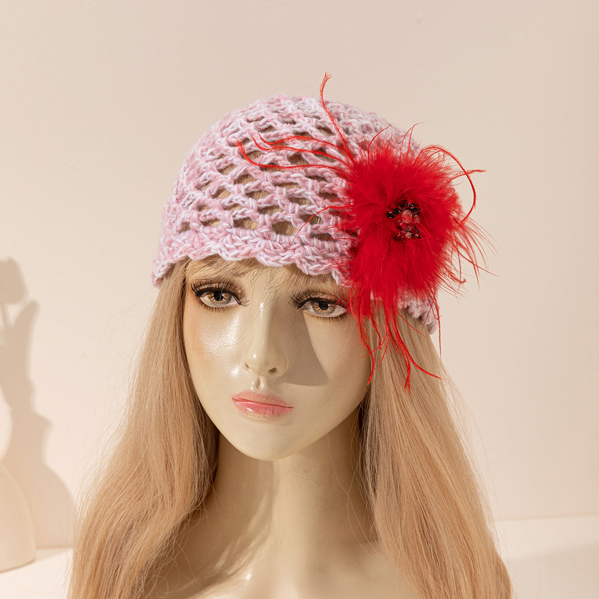 Vintage Hollow Out Feather Flower Crochet Beanie Cap 8BK6HAT199T