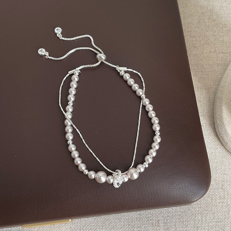 Retro Pearl Cubic Zironia Beaded Chain Bracelet 6W6JBR344