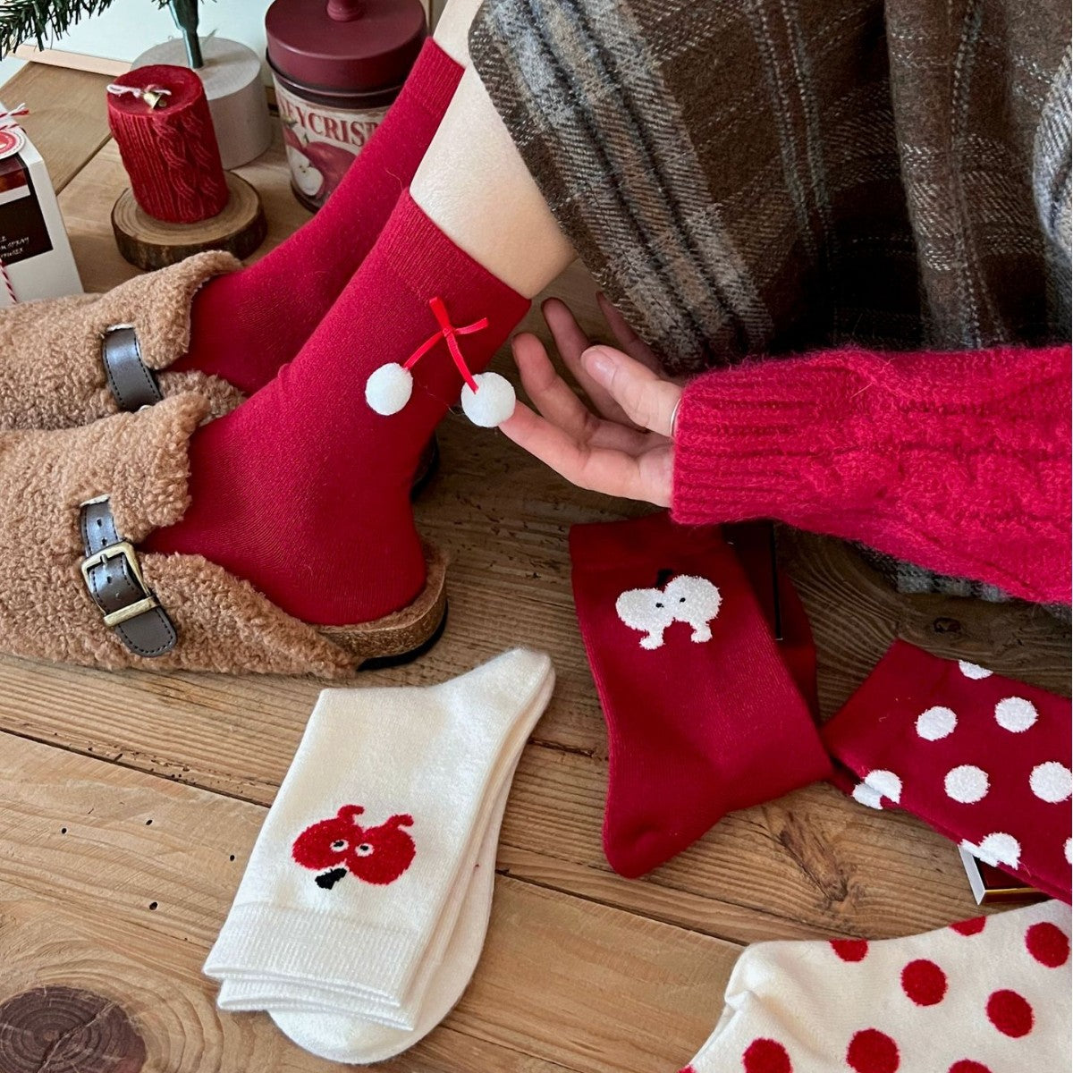 Red Christmas Thermal Winter Crew Socks 6W8FSO903