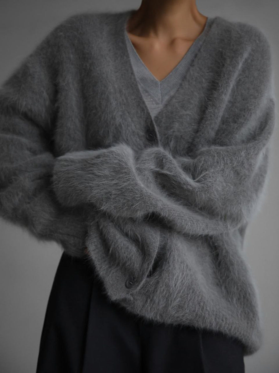 V-Neck Loose Mohair Cardigan - DippedShop Wholesale - #2195