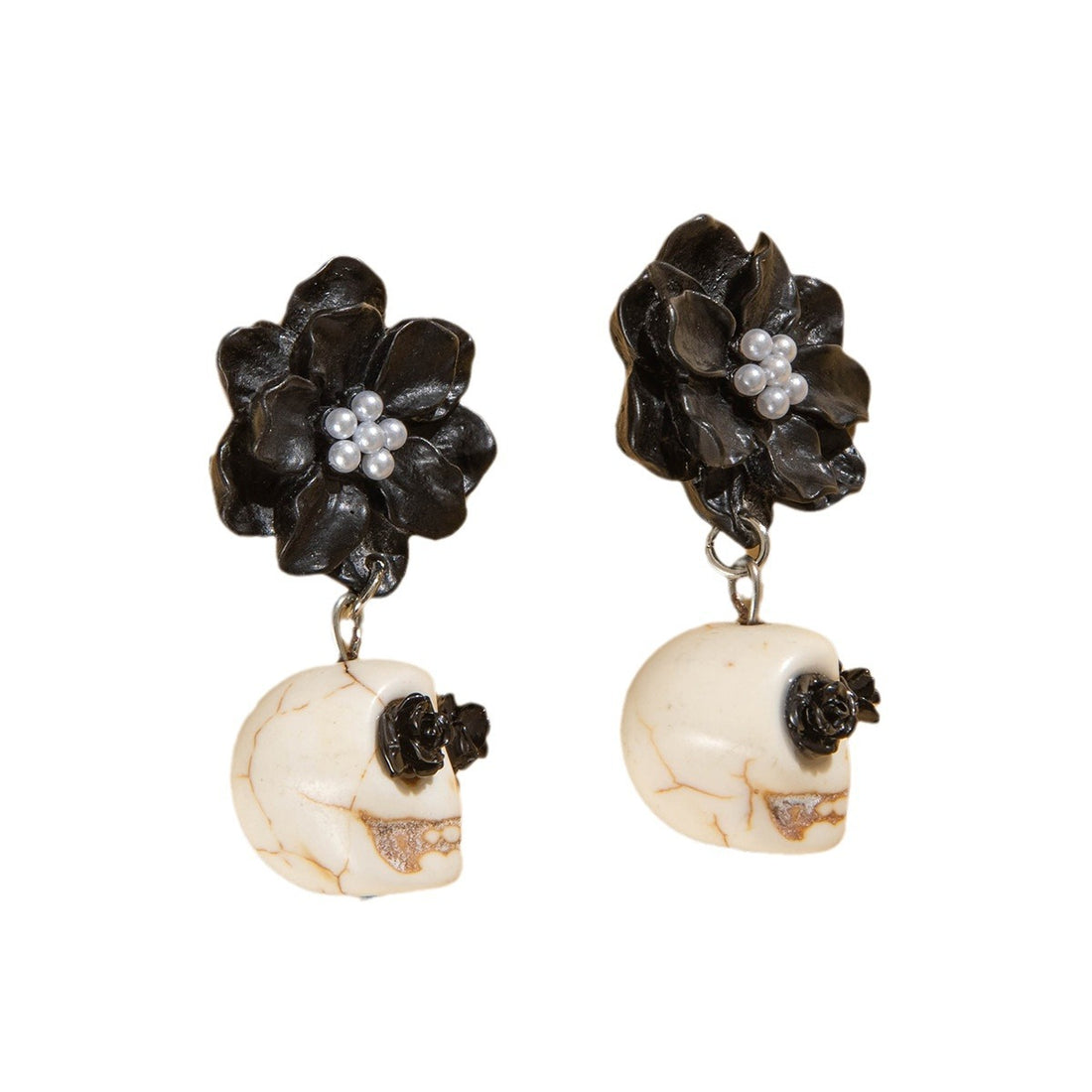 Gothic Black Camellia Skull Stud Earrings DP25G512
