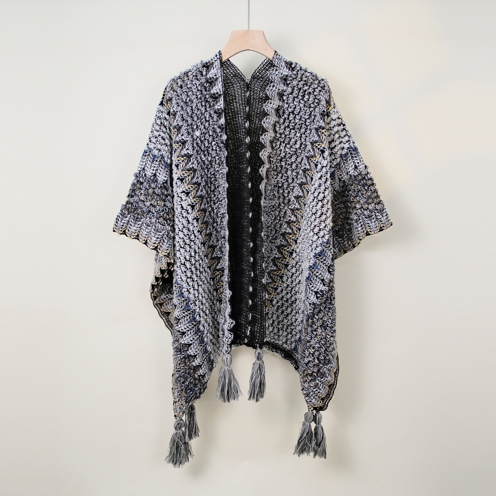 Boho Tassel Wavy Texture Knit Shawl Wrap 6W6NSC48