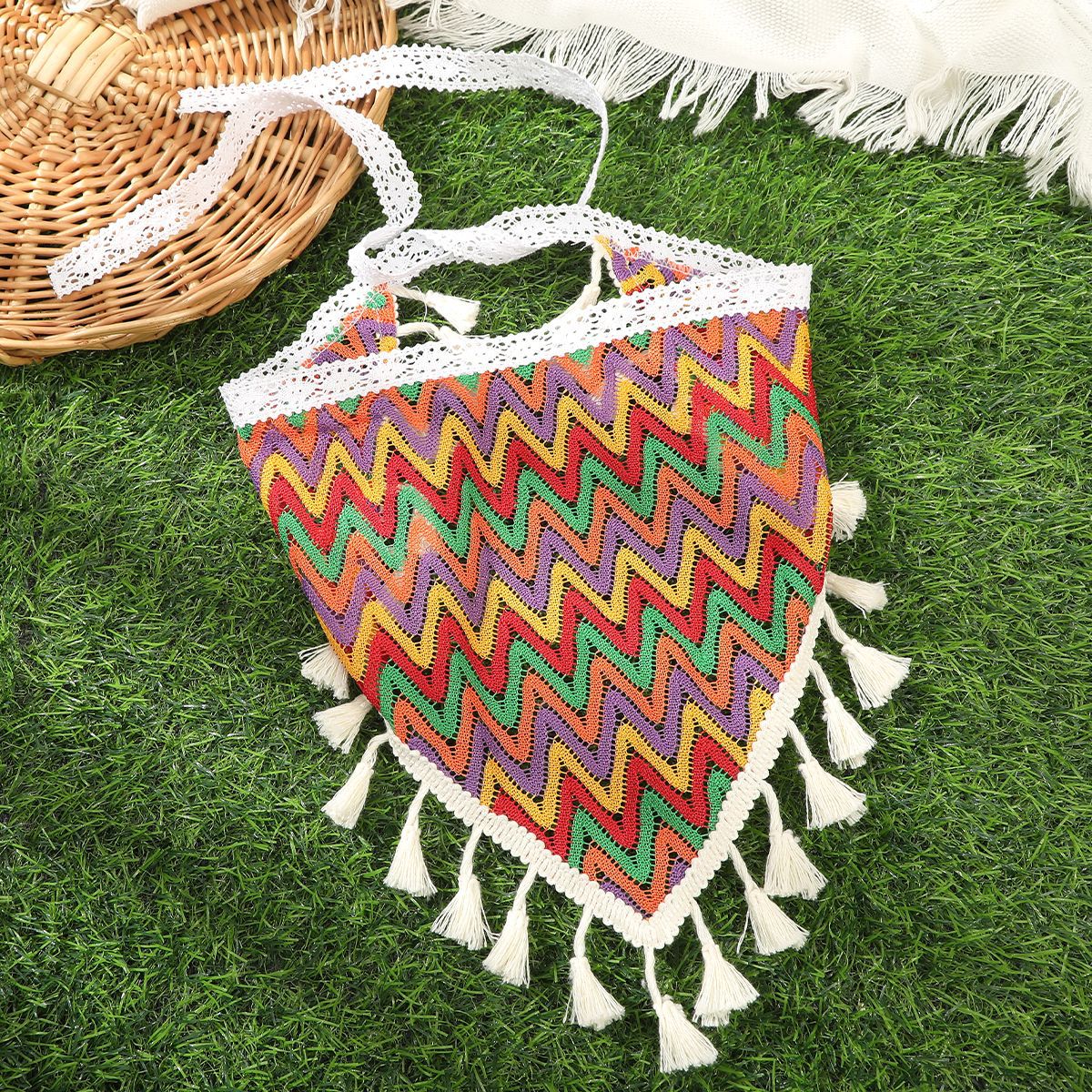 Trendy Colorful Striped Hollow Triangle Headscarf MK2BK6W6HHS17