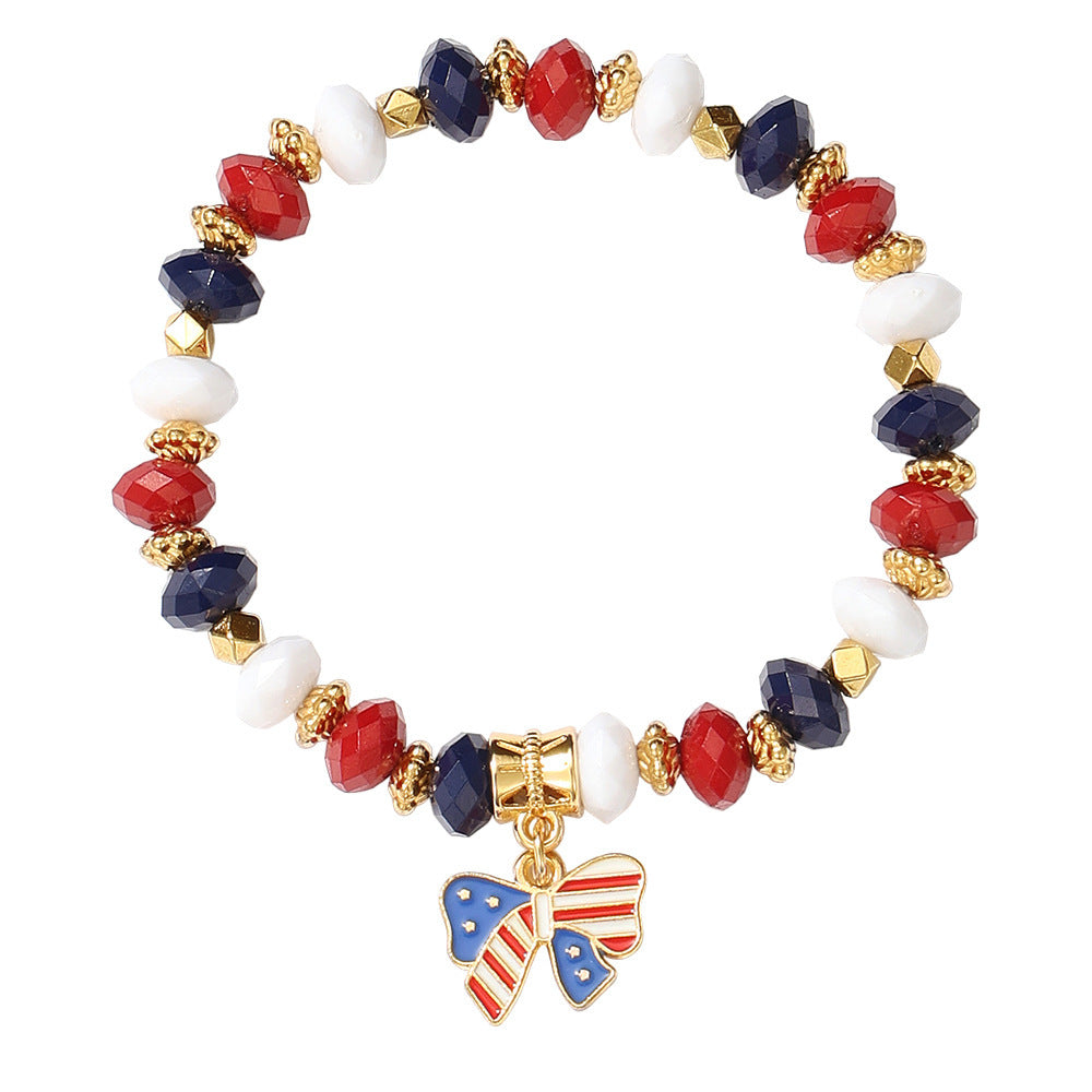 USA Flag Heart Pendant Beaded Chain Bracelet 8ZA6JBR306L