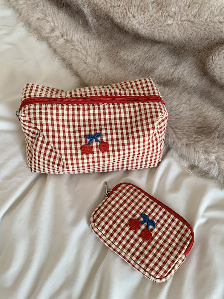 Cute Cherry Embroidery Plaid Print Makeup Bag MK2BW6S10BOB55
