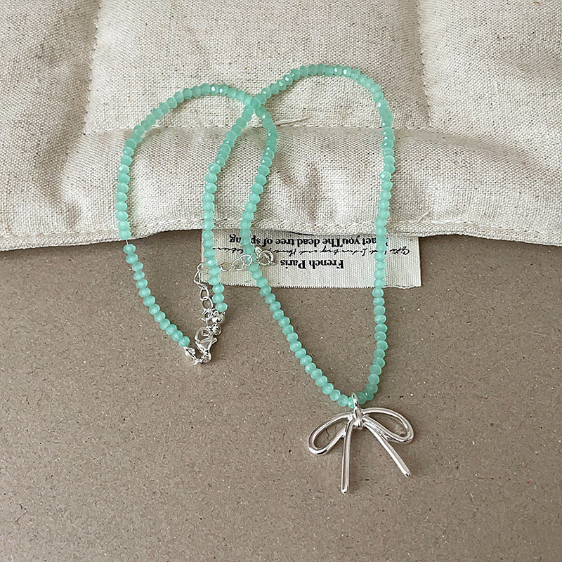 Cute Bowknot Flower Pendant Beaded Choker Necklace 6W6JNC448