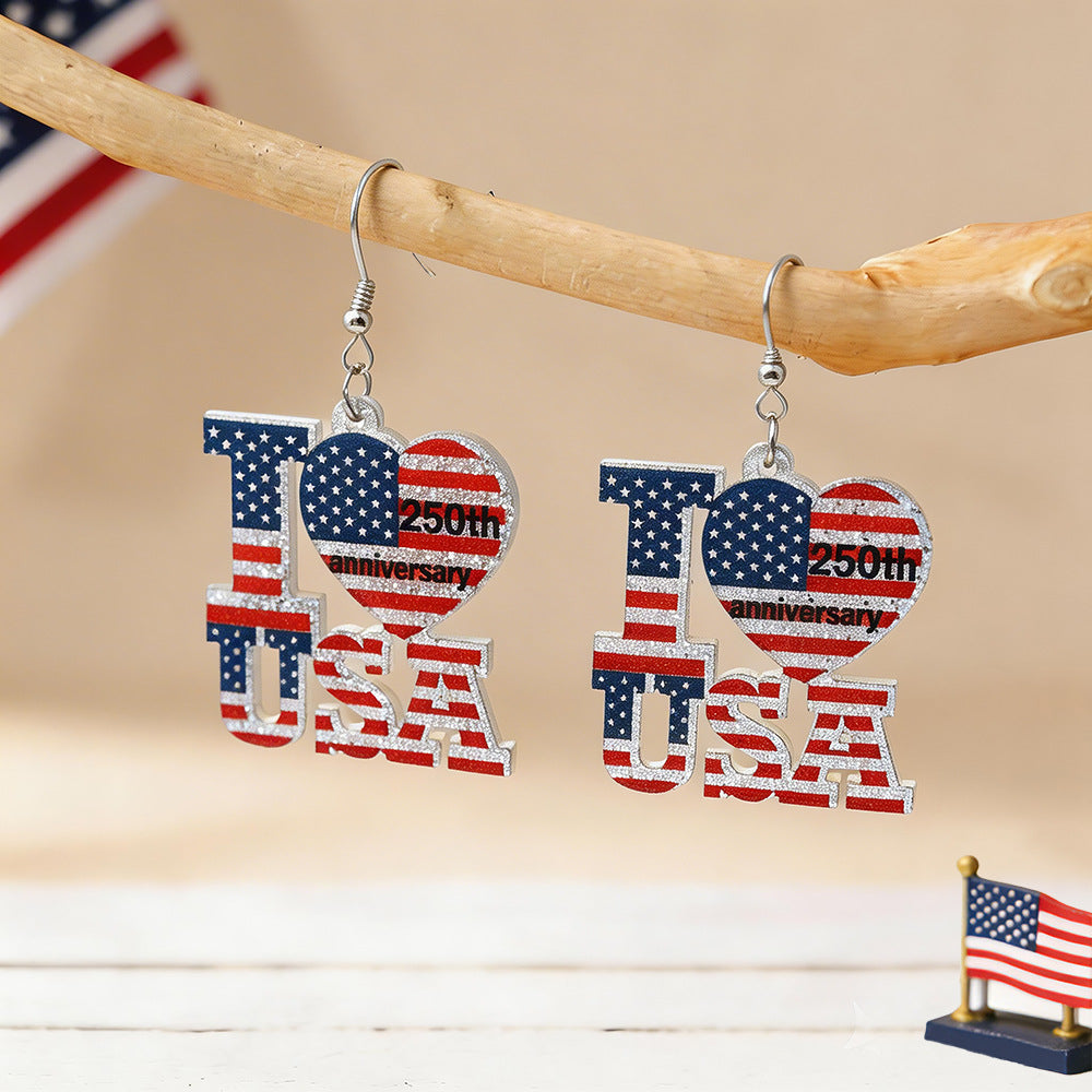 Stylish USA Flag Letter Pendant Hook Earrings 8ZA6JER186L