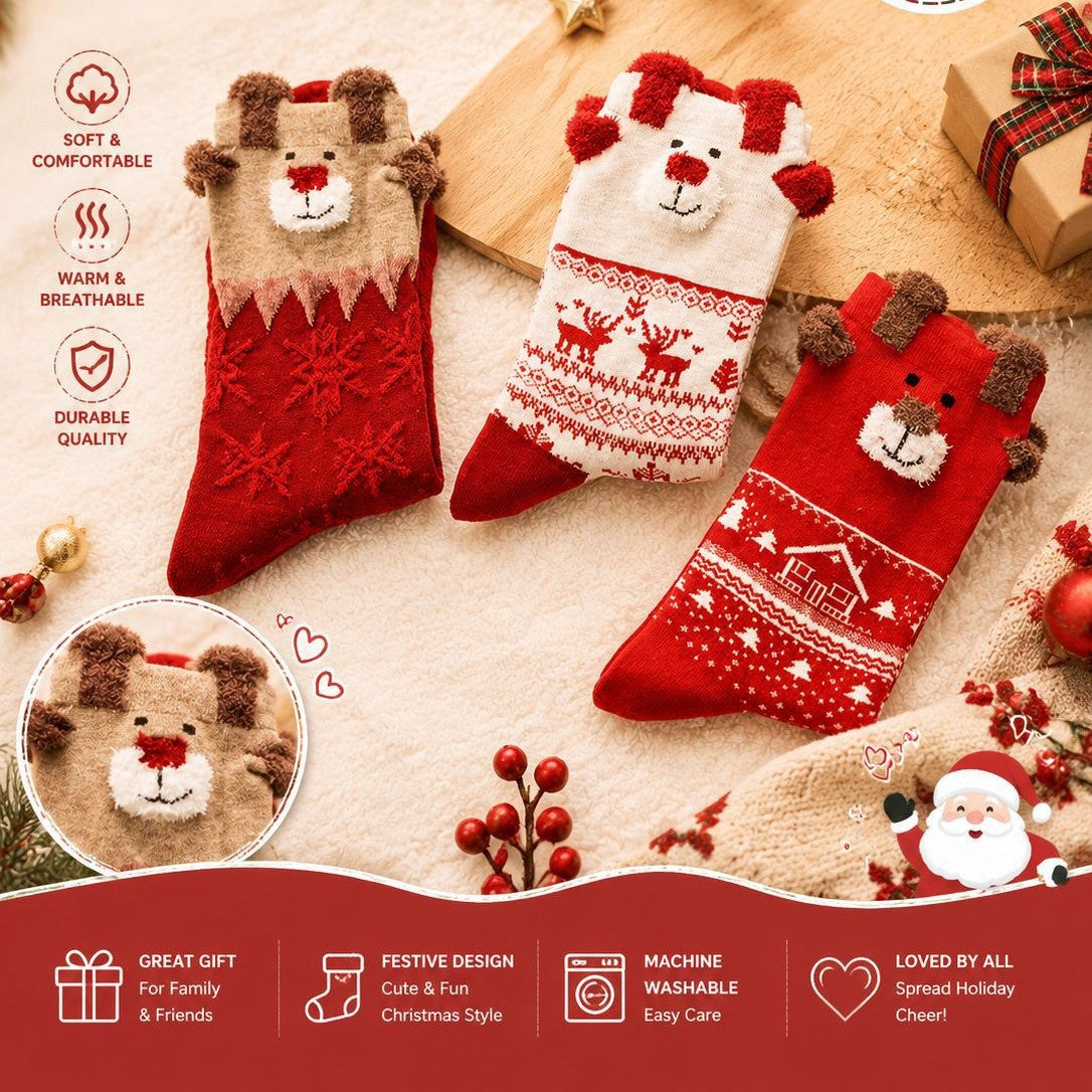 3D Animal Ear Cute Christmas Red Socks 6W8FSO897