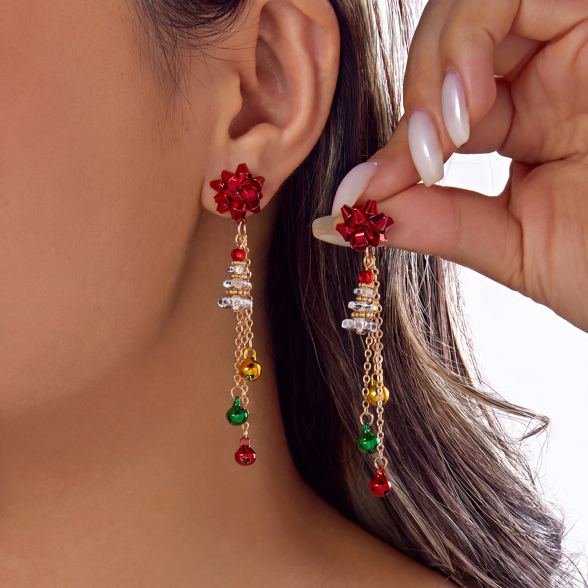 Cute Christmas Snowflake Bell Tassel Dangle Earrings 6W6JER683
