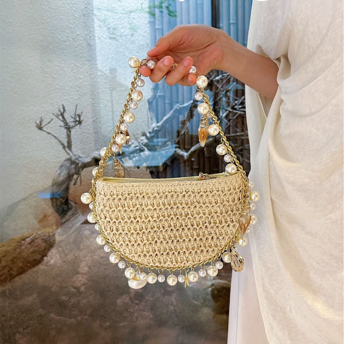 Stylish Hand Woven Pearl Chain Tassel Hangdbag 8CW6BBG505T