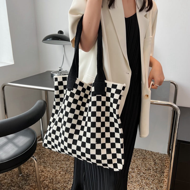 Vintage Color Block Plaid Knit Tote Bag DPB1612