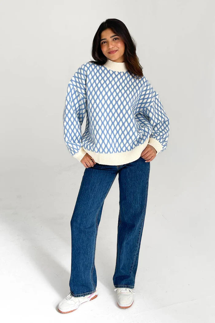 Round Neck Plaid Lantern Sleeve Pullover Sweater DPT1414