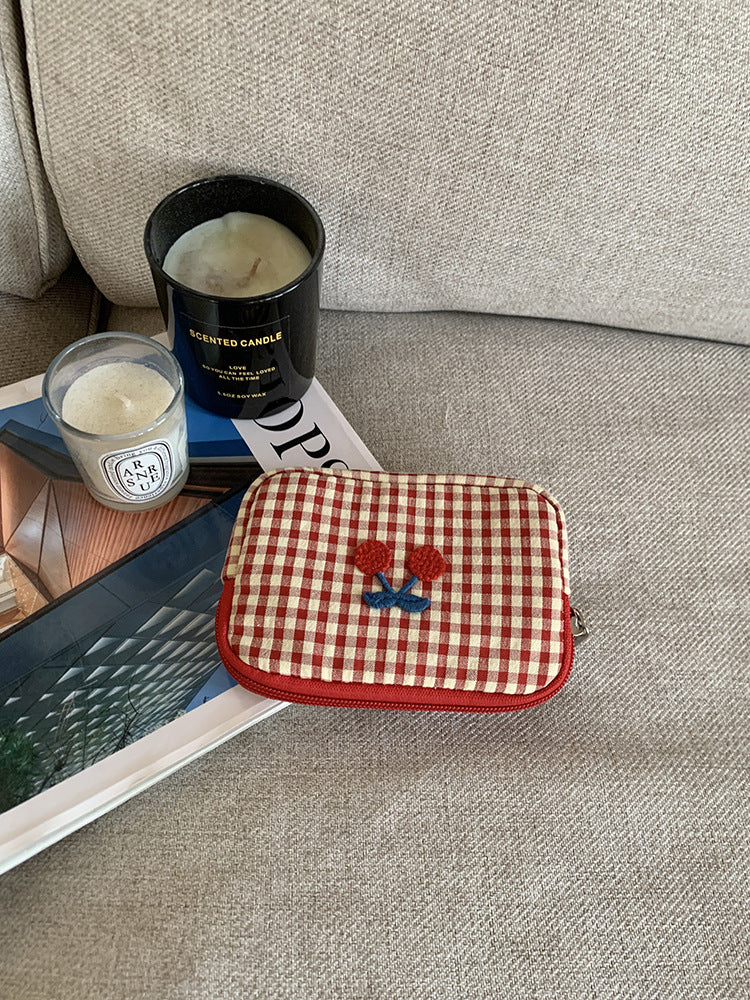 Cute Cherry Embroidery Plaid Print Makeup Bag MK2BW6S10BOB55