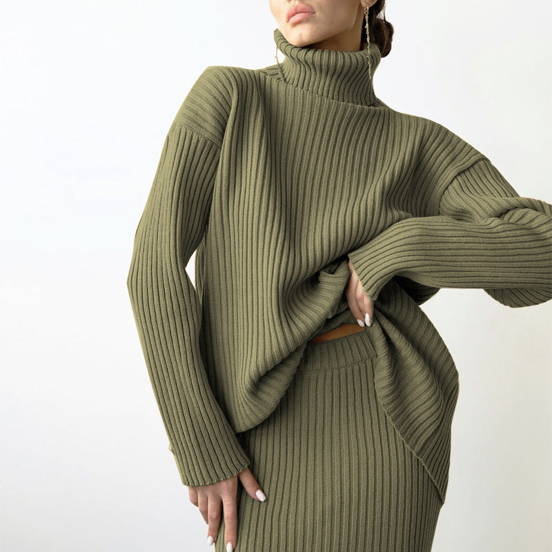 Ribbed Knit Turtleneck Sweater Midi Skirt Set DP25G556