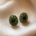 Vintage Oval Green Rhinestone Stud Earrings 6W6JER708