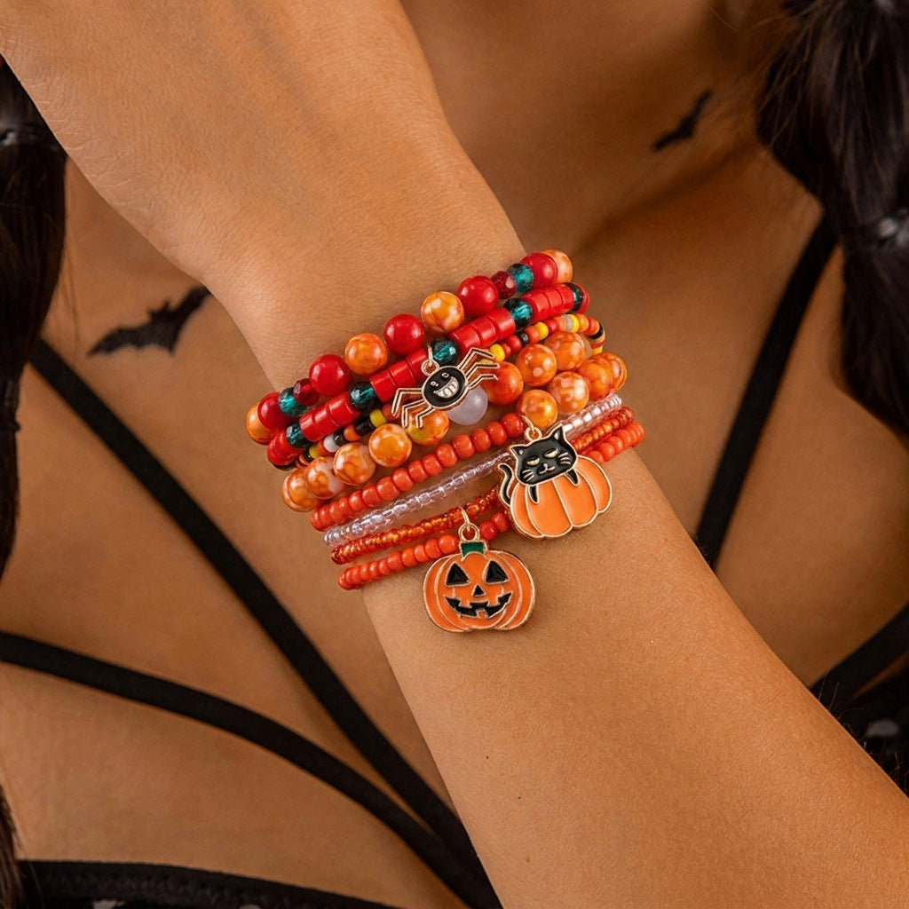 Playful Halloween Pumpkin Spider Beaded Bracelet 6W6JBR450