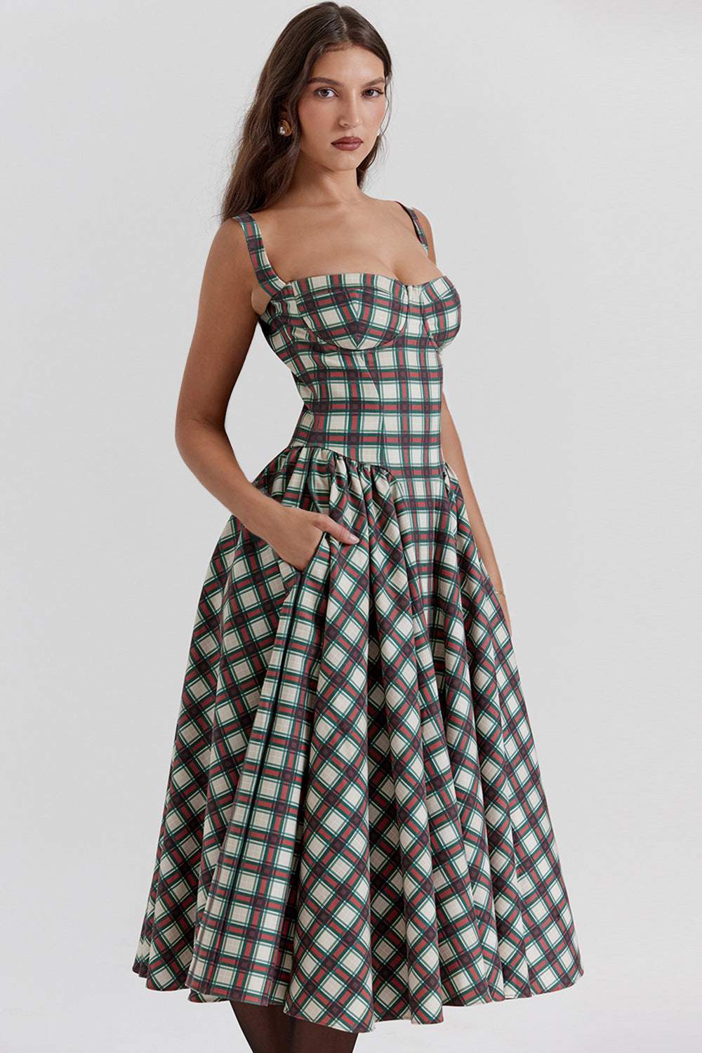 Vintage Plaid Pleated Spaghetti Dress DP25B512