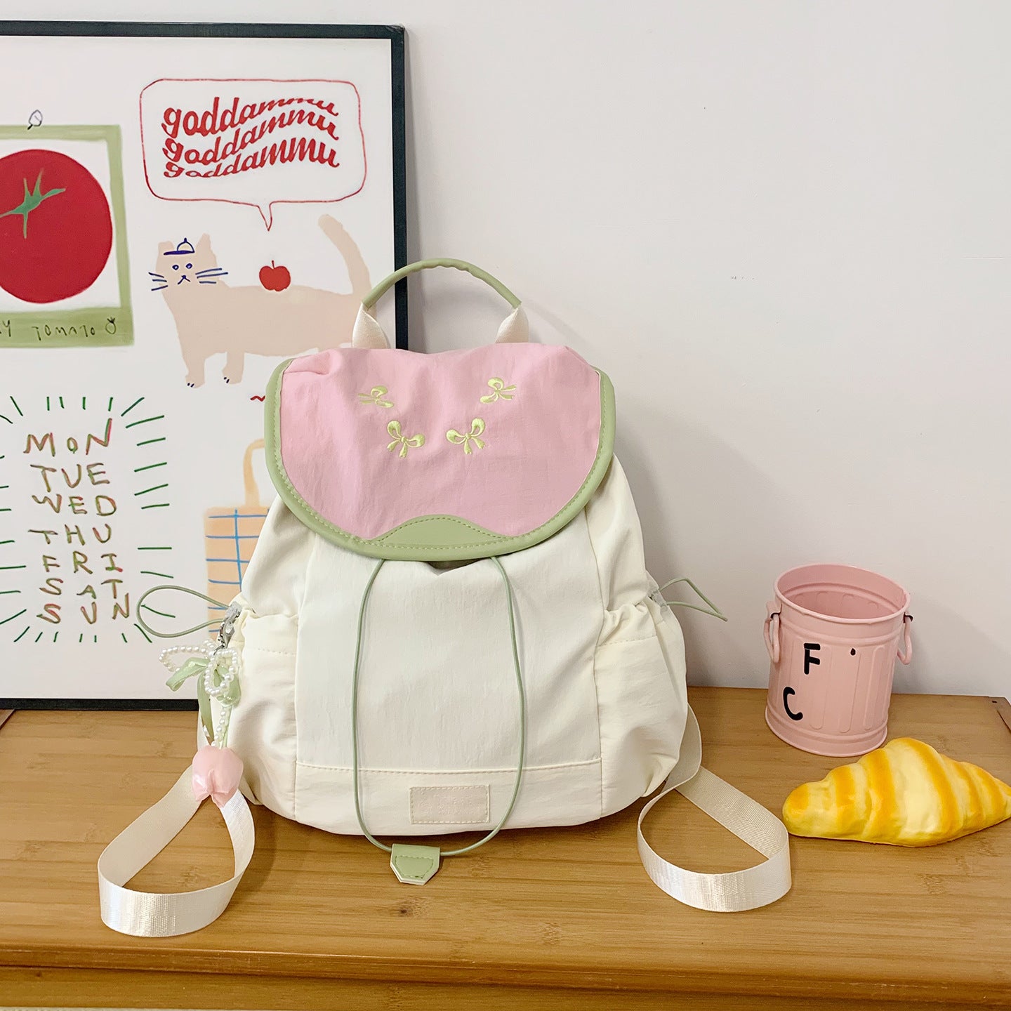 Cute Bowknot Embroidery Flap Drawstring Backpack 6S10BBG1447