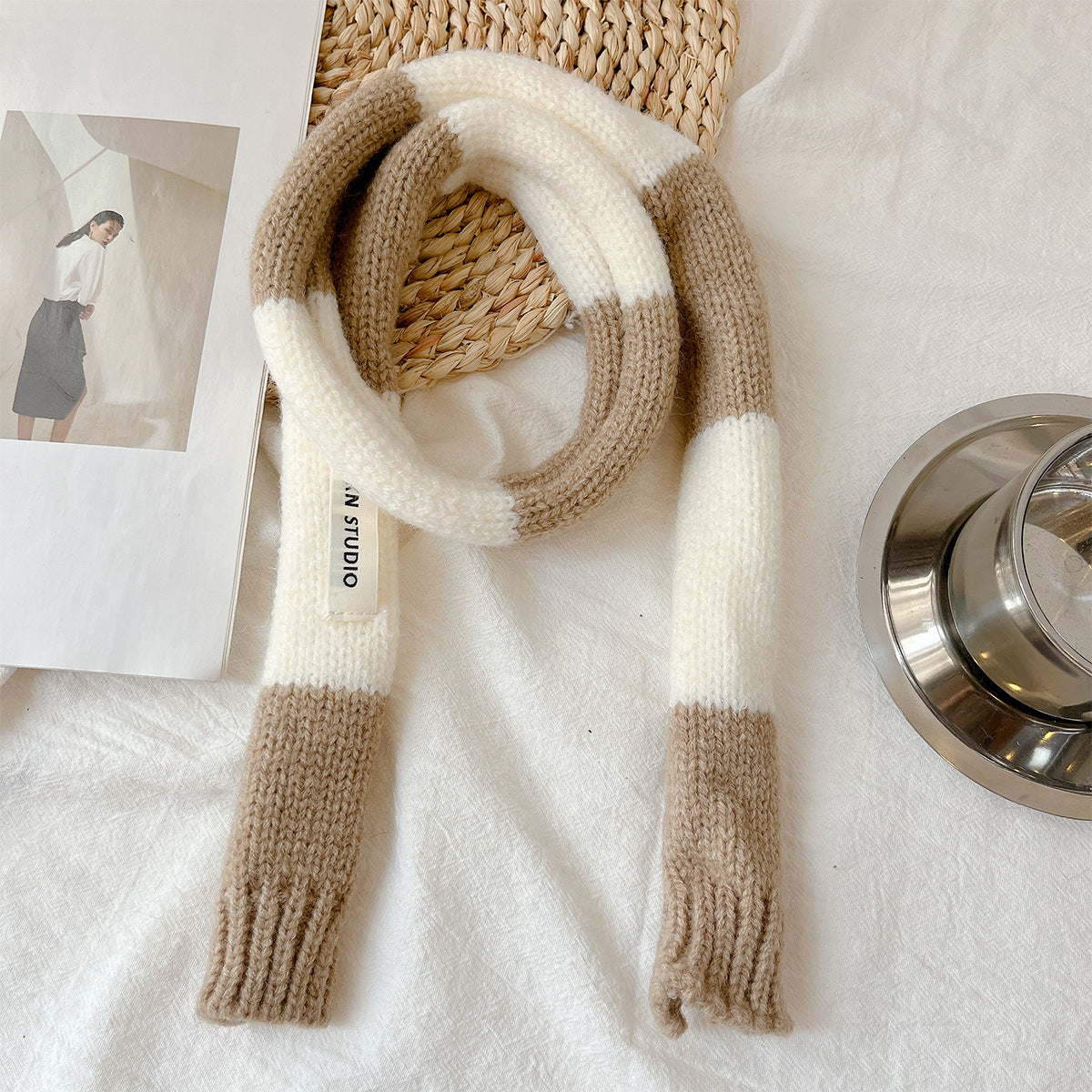 Cute Color Block Striped Knit Slim Scarf 6W6NSW260