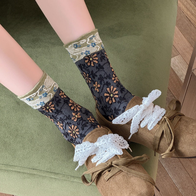 Vintage Floral Embossed Cotton Crew Socks 6W8FSO737