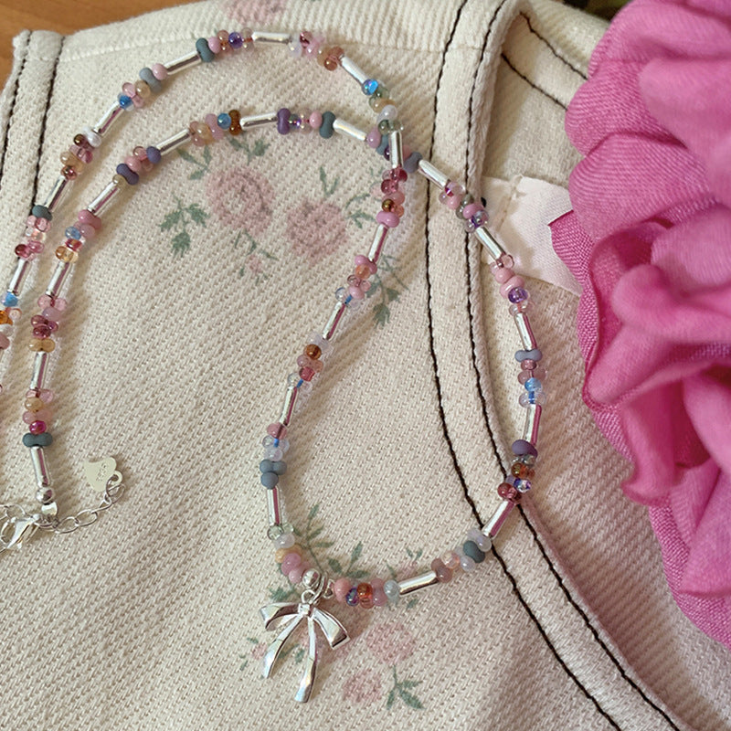 Colorful Crystal Bowknot Pendant Beaded Necklace 6W6JNC443
