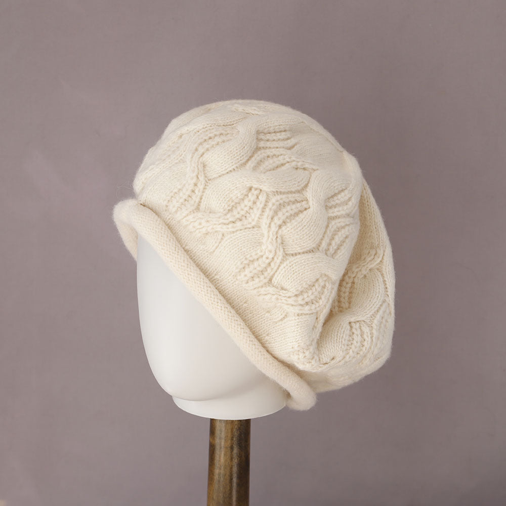 Solid Wool Cable Rolled Brim Knit Beret 6W6HAT688