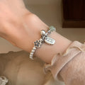 Chunky Silver Flower Stone Charm Beaded Bracelet 6W6JBR334