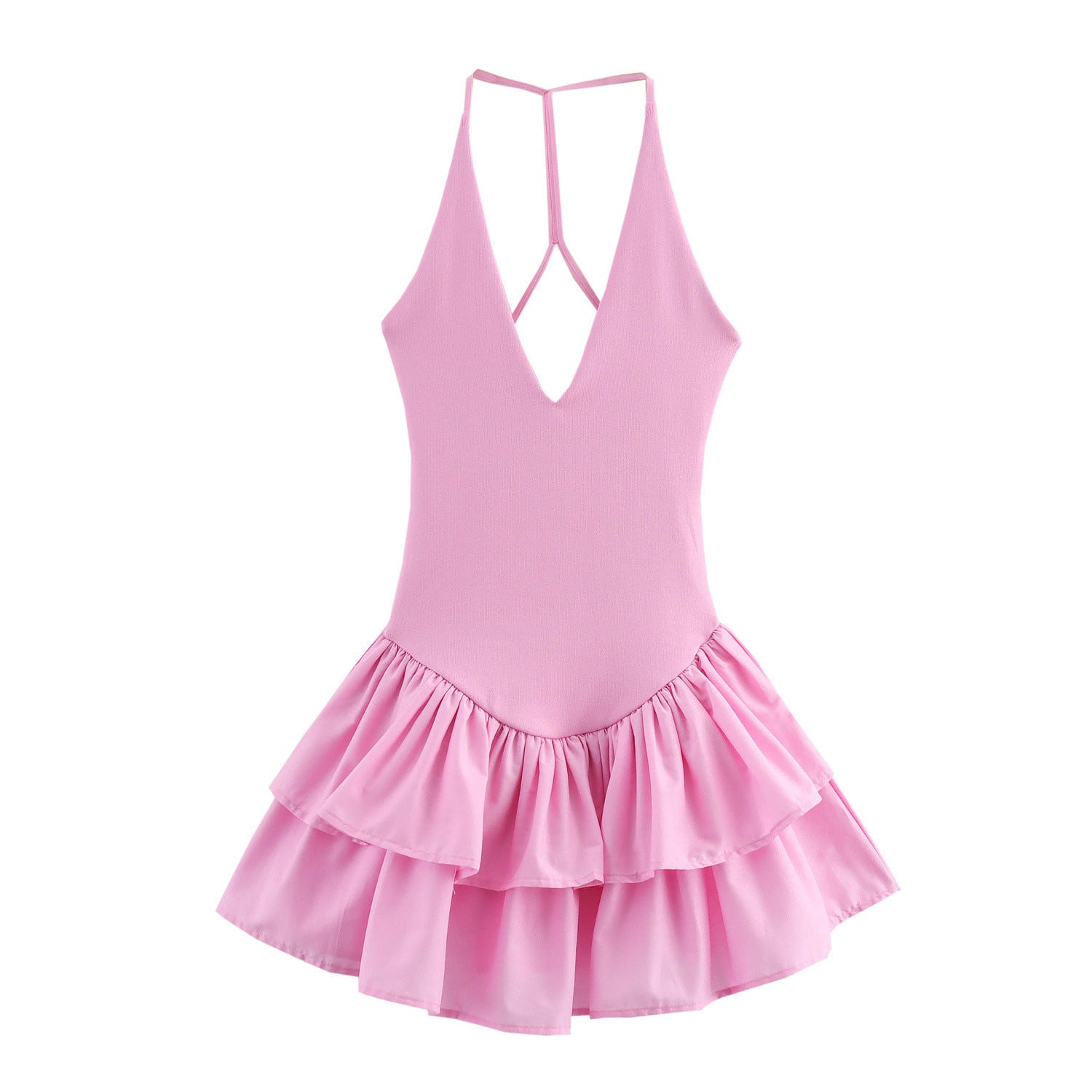 Trendy Solid Color Ruffle Hem Halter Dress DP25D584