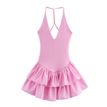 Trendy Solid Color Ruffle Hem Halter Dress DP25D584